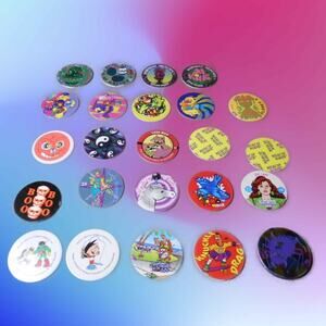 Misc Vintage POG Milkcaps Lot of 24: Slammer Jammer, WPF, Cookie Crisp, Simpsons